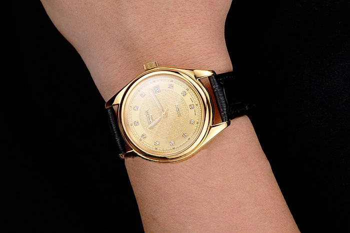 Patek Philippe Calatrava Gold Dial Diamond Markings Gold Case Black Leather Strap new121989