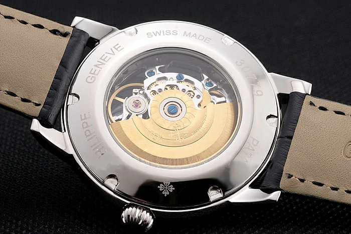 Patek Philippe Complications Openworked Dial Diamond Bezel Stainless Steel Case Black Leather Strap new121996