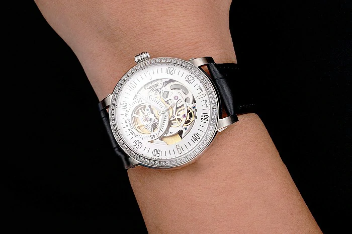 Patek Philippe Complications Openworked Dial Diamond Bezel Stainless Steel Case Black Leather Strap new121996