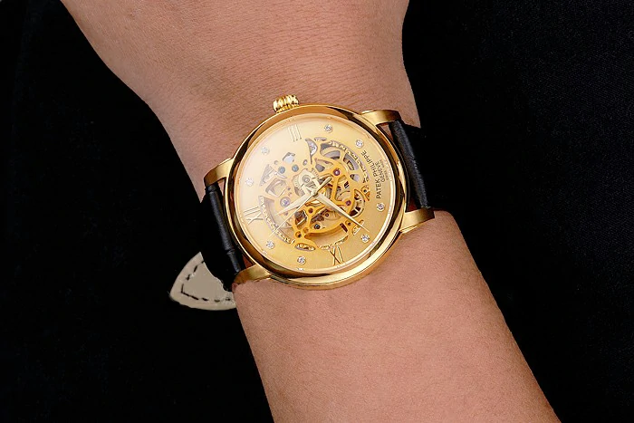 Patek Philippe Complications Openworked Dial Gold Case Black Leather Strap new121999