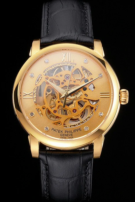 Patek Philippe Complications Openworked Dial Gold Case Black Leather Strap new121999