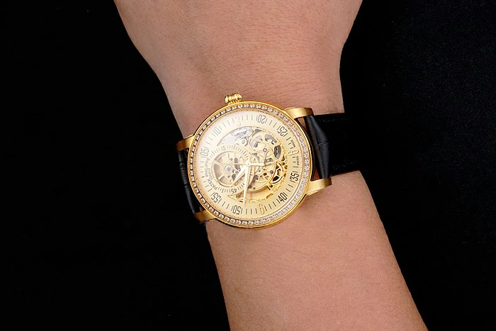 Patek Philippe Complications Openworked Dial Gold Case Diamond Bezel Black Leather Strap new122000