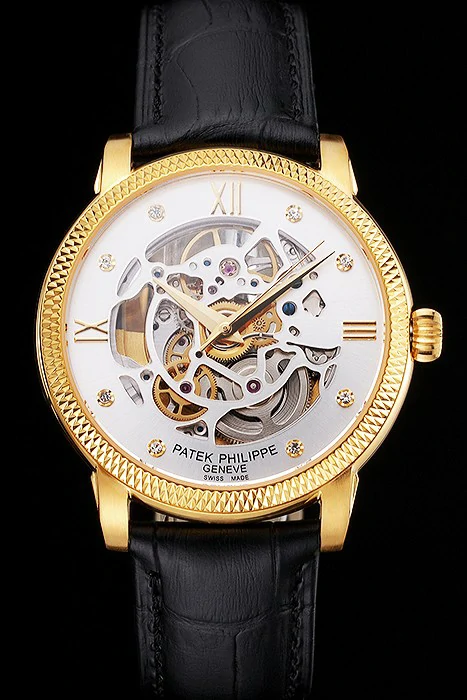 Patek Philippe Complications Openworked Dial Gold Case Fluted Bezel Black Leather Strap new122001