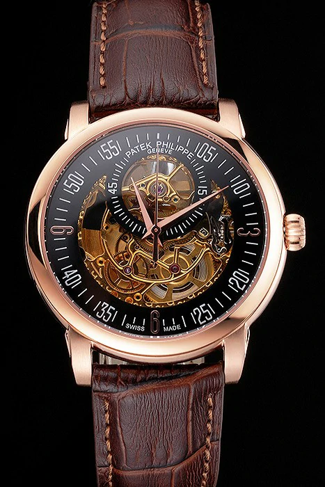 Patek Philippe Complications Openworked Dial Rose Gold Case Brown Leather Strap new122003