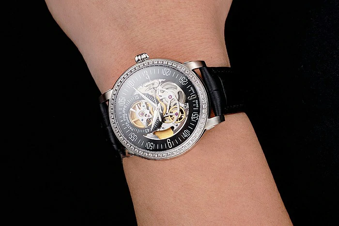 Patek Philippe Complications Openworked Dial Stainless Steel Case Diamond Bezel Black Leather Strap new122004