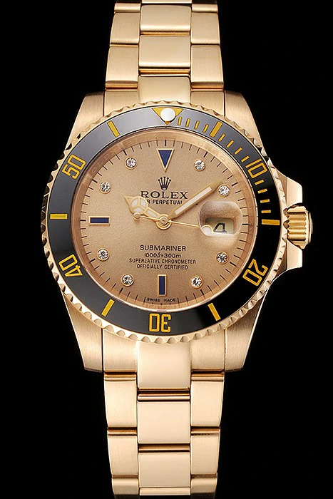 Rolex Submariner Gold Dial With Diamond Markings Black Bezel Yellow Gold Case And Bracelet new122154