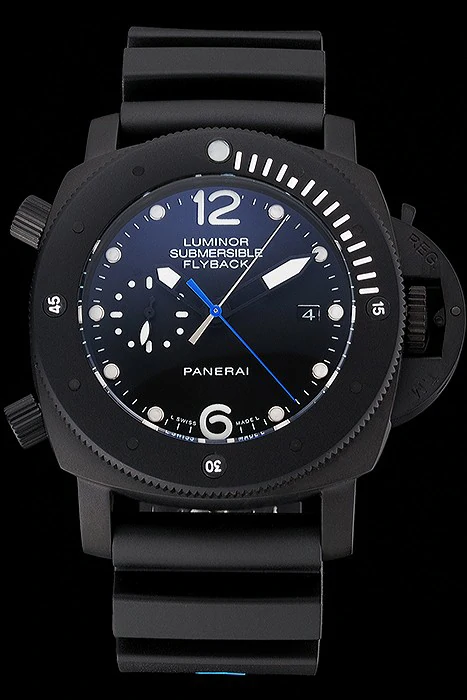 Panerai Luminor Submersible Flyback Date Black Dial Black Ionized Case Black Rubber Strap new122227