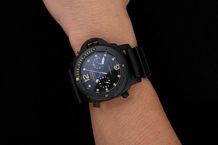 Panerai Luminor Submersible Flyback GMT Black Dial Yellow Markings Black Ionized Case Black Rubber Strap new122230