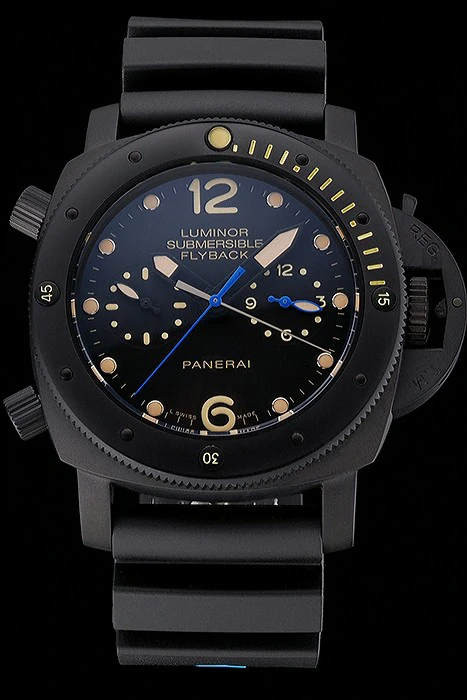 Panerai Luminor Submersible Flyback GMT Black Dial Yellow Markings Black Ionized Case Black Rubber Strap new122230