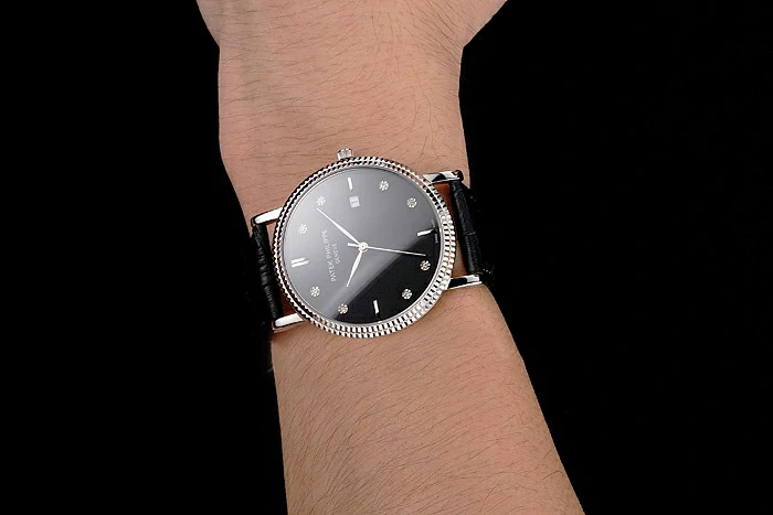 Patek Philippe Calatrava Black Dial Diamond Hour Marks Ribbed Bezel Stainless Steel Case Black Leather Strap new122468