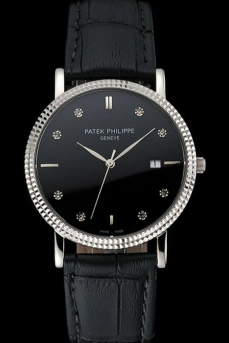 Patek Philippe Calatrava Black Dial Diamond Hour Marks Ribbed Bezel Stainless Steel Case Black Leather Strap new122468
