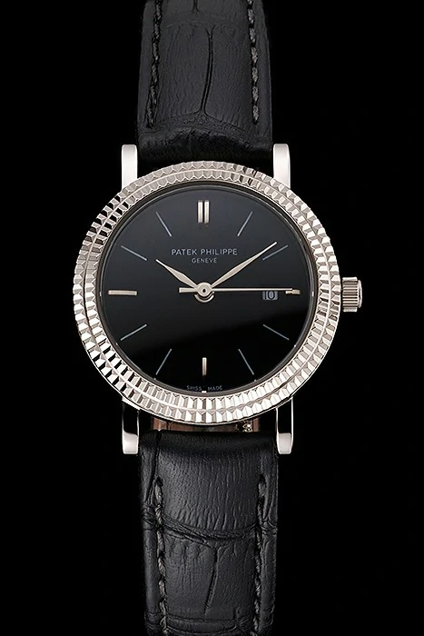 Patek Philippe Calatrava Black Dial Double Ribbed Bezel Stainless Steel Case Black Leather Strap new122469