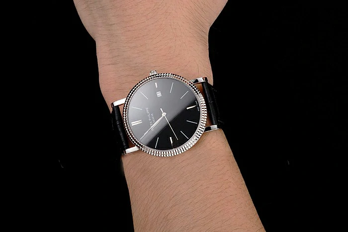 Patek Philippe Calatrava Black Dial Ribbed Bezel Stainless Steel Case Black Leather Strap new122470