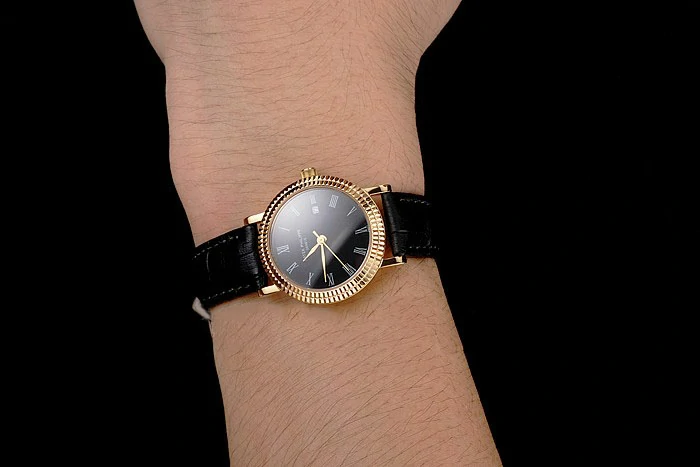 Patek Philippe Calatrava Black Dial Roman Numerals Double Ribbed Bezel Gold Case Black Leather Strap new122471
