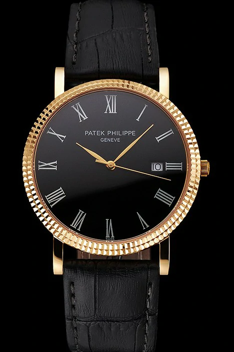 Patek Philippe Calatrava Black Dial Roman Numerals Ribbed Bezel Gold Case Black Leather Strap new122473