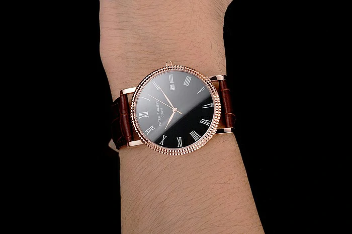 Patek Philippe Calatrava Black Dial Roman Numerals Ribbed Bezel Rose Gold Case Brown Leather Strap new122474