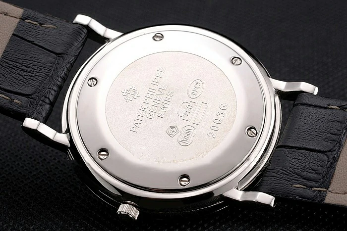 Patek Philippe Calatrava Black Dial Roman Numerals Ribbed Bezel Stainless Steel Case Black Leather Strap new122475