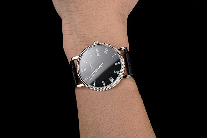 Patek Philippe Calatrava Black Dial Roman Numerals Ribbed Bezel Stainless Steel Case Black Leather Strap new122475
