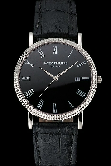 Patek Philippe Calatrava Black Dial Roman Numerals Ribbed Bezel Stainless Steel Case Black Leather Strap new122475