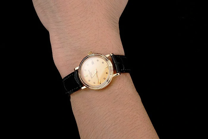 Patek Philippe Calatrava Gold Dial Dimond Hour Marks Double Ribbed Bezel Gold Case Black Leather Strap new122477