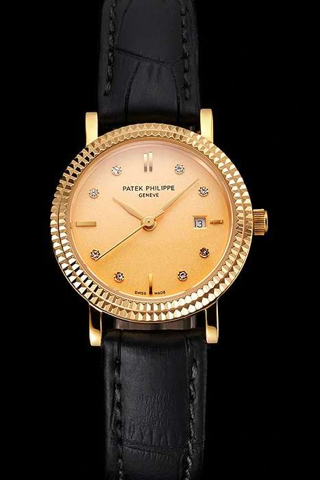 Patek Philippe Calatrava Gold Dial Dimond Hour Marks Double Ribbed Bezel Gold Case Black Leather Strap new122477