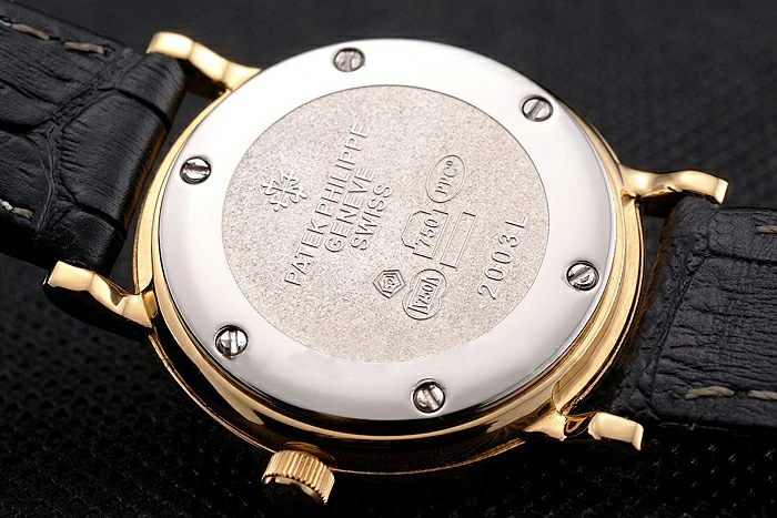 Patek Philippe Calatrava Gold Dial Roman Numerals Double Ribbed Bezel Gold Case Black Leather Strap new122478