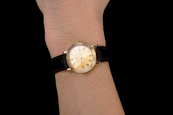 Patek Philippe Calatrava Gold Dial Roman Numerals Double Ribbed Bezel Gold Case Black Leather Strap new122478