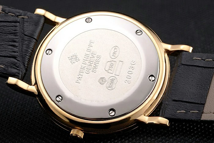 Patek Philippe Calatrava Gold Dial Roman Numerals Ribbed Bezel Gold Case Black Leather Strap new122479