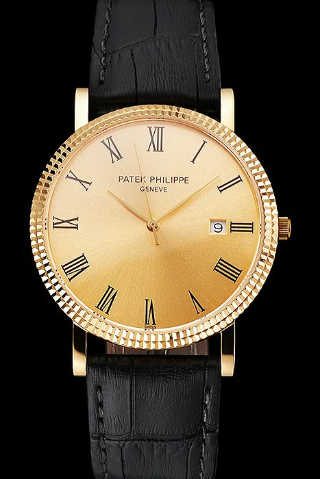 Patek Philippe Calatrava Gold Dial Roman Numerals Ribbed Bezel Gold Case Black Leather Strap new122479