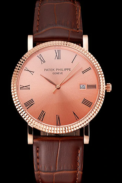 Patek Philippe Calatrava Rose Gold Dial Roman Numerals Ribbed Bezel Rose Gold Case Brown Leather Strap new122480