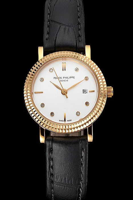 Patek Philippe Calatrava White Dial Diamond Hour Marks Double Ribbed Bezel Gold Case Black Leather Strap new122481