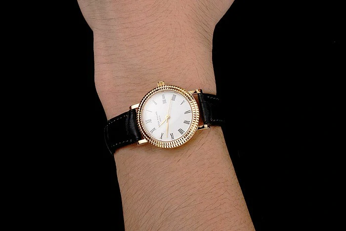 Patek Philippe Calatrava White Dial Roman Numerals Double Ribbed Bezel Gold Case Black Leather Strap new122485