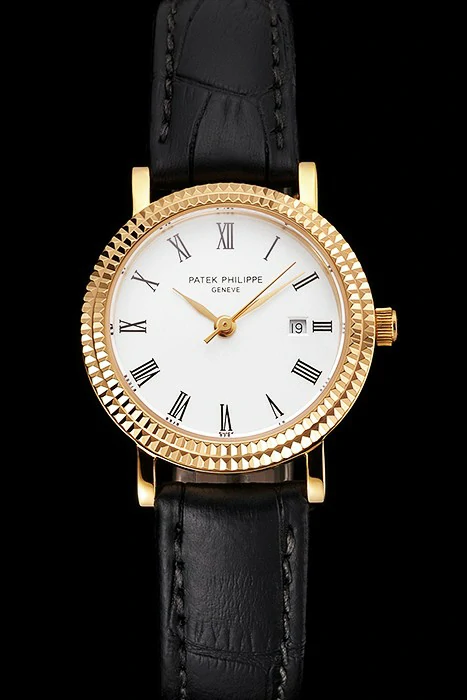 Patek Philippe Calatrava White Dial Roman Numerals Double Ribbed Bezel Gold Case Black Leather Strap new122485