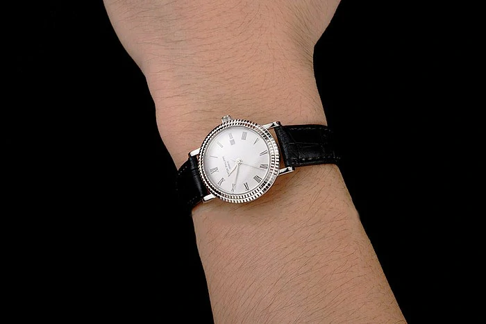 Patek Philippe Calatrava White Dial Roman Numerals Double Ribbed Bezel Stainless Steel Case Black Leather Strap new122486