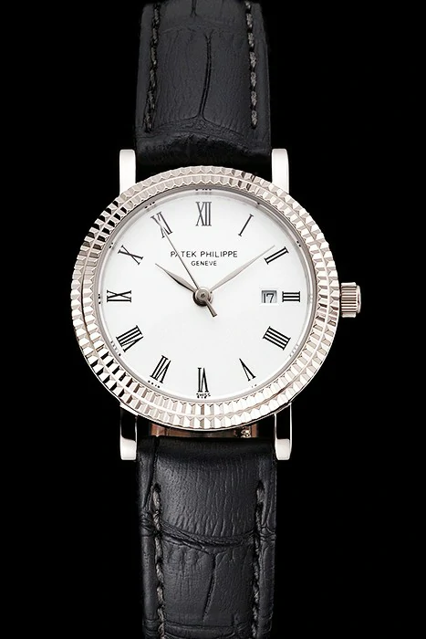 Patek Philippe Calatrava White Dial Roman Numerals Double Ribbed Bezel Stainless Steel Case Black Leather Strap new122486
