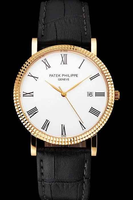 Patek Philippe Calatrava White Dial Roman Numerals Ribbed Bezel Gold Case Black Leather Strap new122487