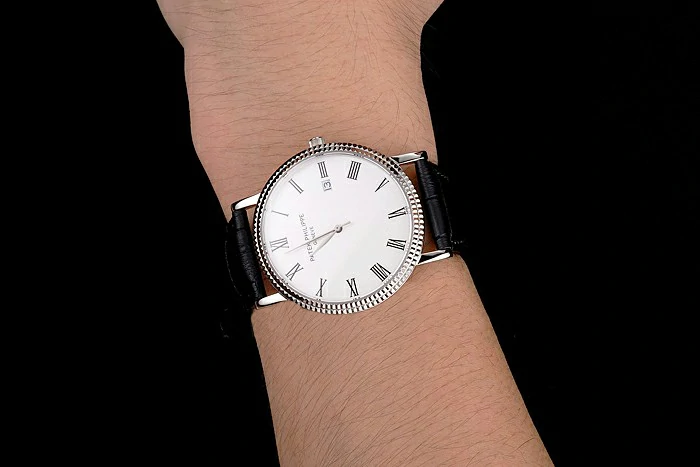 Patek Philippe Calatrava White Dial Roman Numerals Ribbed Bezel Stainless Steel Case Black Leather Strap new122488