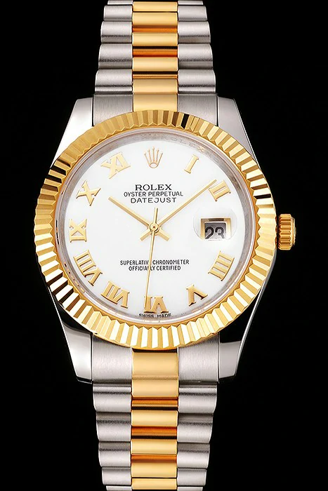 Rolex Datejust White Dial Roman Numerals Gold Bezel Stainless Steel Case Two Tone Bracelet new122512
