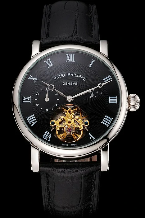 Patek Philippe Complications Moonphase Tourbillon Black Dial Stainless Steel Case Black Leather Strap new122618