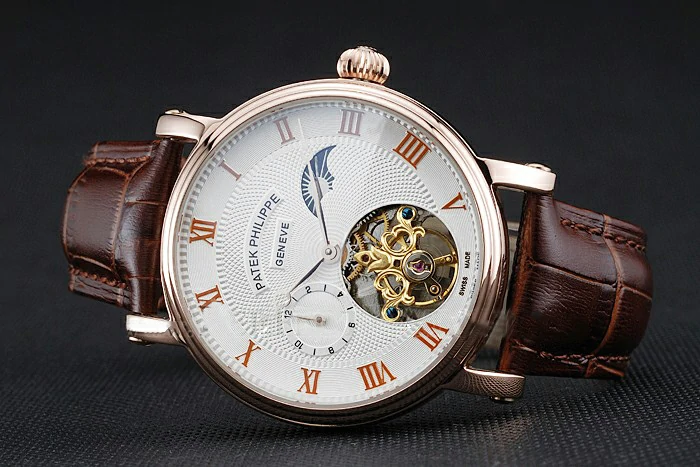 Patek Philippe Complications Moonphase Tourbillon White Dial Rose Gold Case Brown Leather Strap new122619