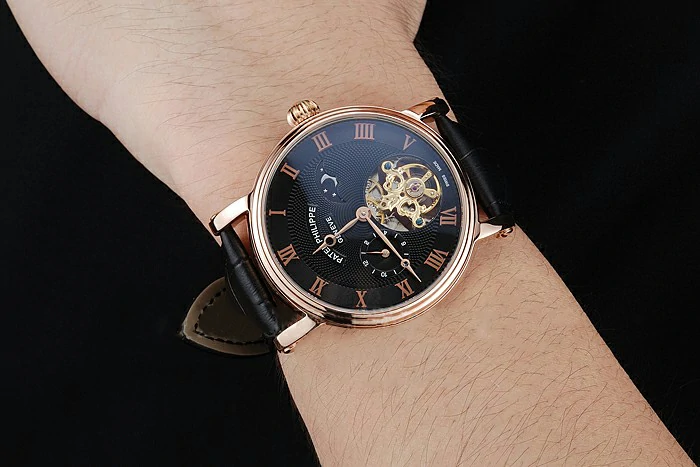 Patek Philippe Complications Moonphase Tourbillon Black Dial Rose Gold Case Black Leather Strap new122620