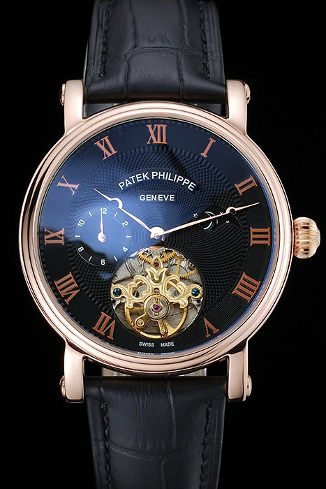 Patek Philippe Complications Moonphase Tourbillon Black Dial Rose Gold Case Black Leather Strap new122620