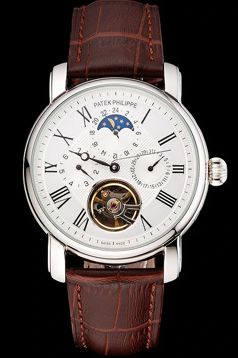 Patek Philippe Grand Complications Moonphase Perpetual Calendar Tourbillon White Dial Stainless Steel Case Brown Leather Strap new122621