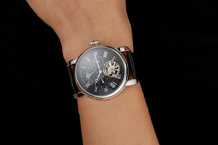 Patek Philippe Grand Complications Moonphase Perpetual Calendar Tourbillon Black Dial Stainless Steel Case Black Leather Strap new122622
