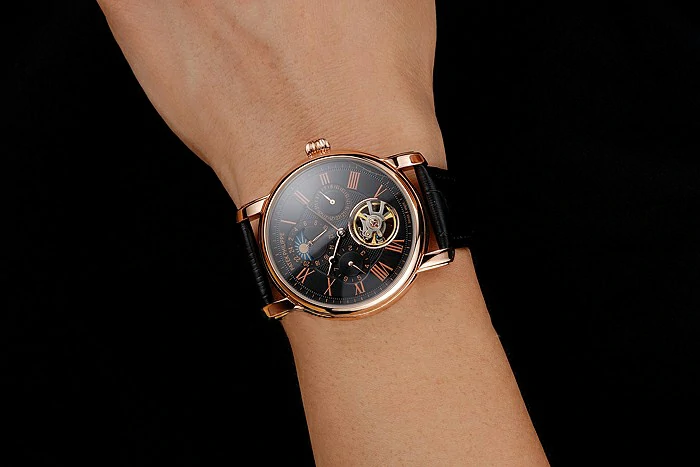 Patek Philippe Grand Complications Moonphase Perpetual Calendar Tourbillon Black Dial Rose Gold Case Black Leather Strap new122624