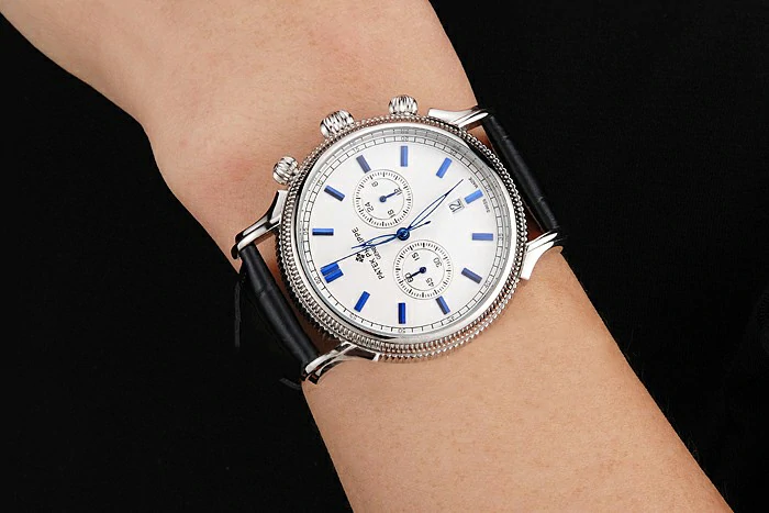 Patek Philippe Chronograph White Dial Blue Markings Stainless Steel Case Black Leather Strap new122956
