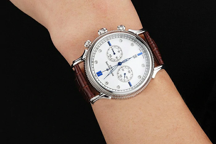 Patek Philippe Chronograph White Dial With Diamond And Blue Markings Stainless Steel Case Brown Leather Strap new122957