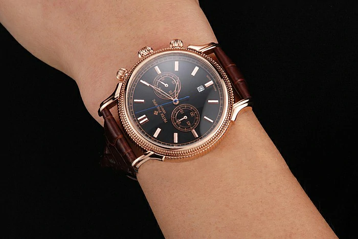 Patek Philippe Chronograph Black Dial Rose Gold Case Brown Leather Strap new122958