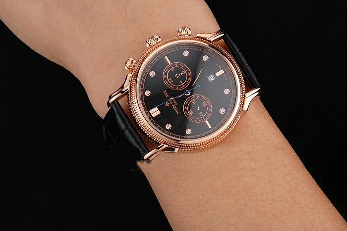 Patek Philippe Chronograph Black Dial With Diamonds Rose Gold Case Black Leather Strap new122959