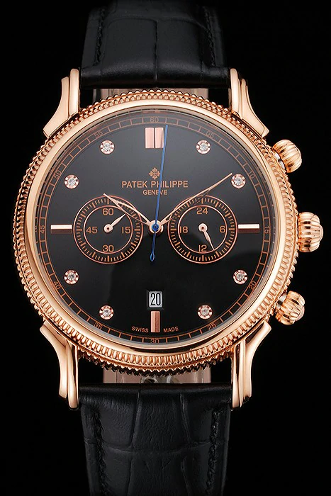 Patek Philippe Chronograph Black Dial With Diamonds Rose Gold Case Black Leather Strap new122959